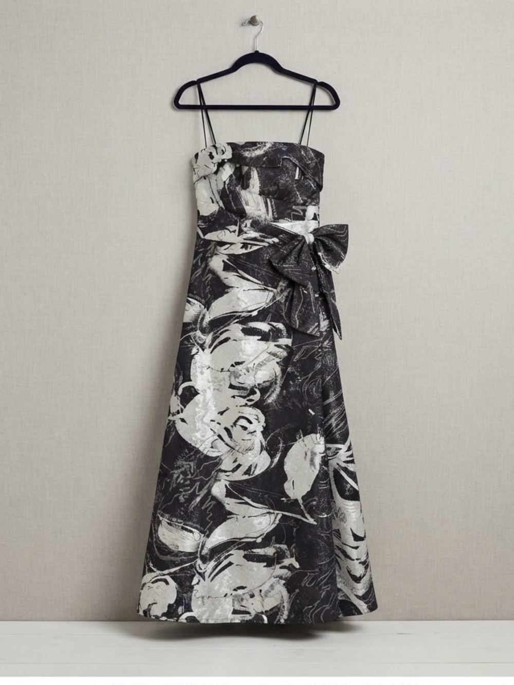 Teri Jon Black, White & Silver Strapless Floral A-Line Dress with Side Bow
